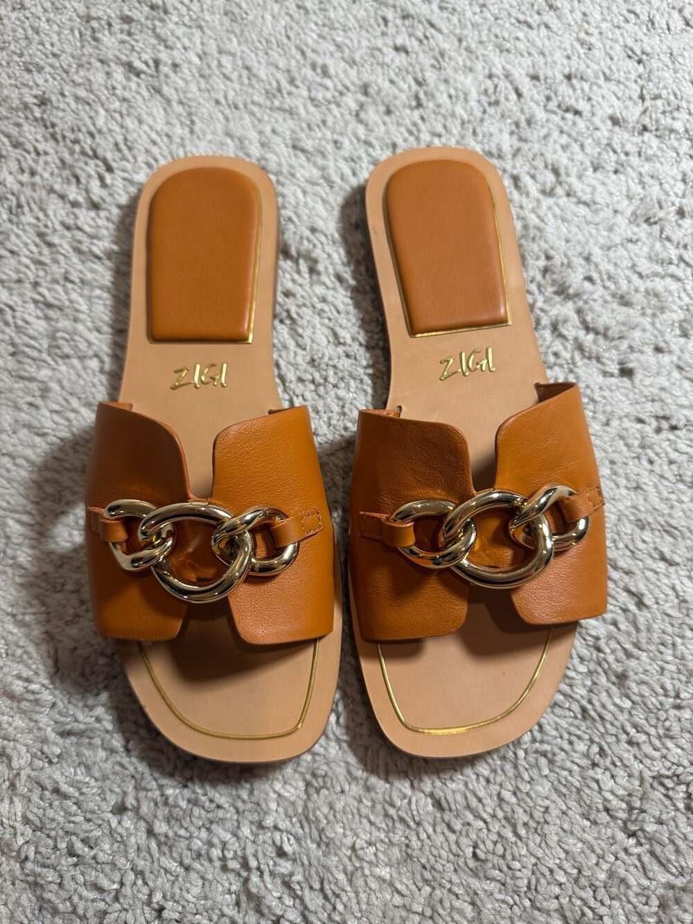 Zigi Cognac Leather Chain Detail Slide Sandals